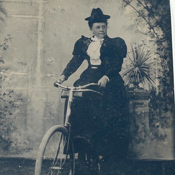 Tintype Woman on Bicycle Victorian Fancy Dressed Woman in Hat Found Photo - Picture 2 of 4